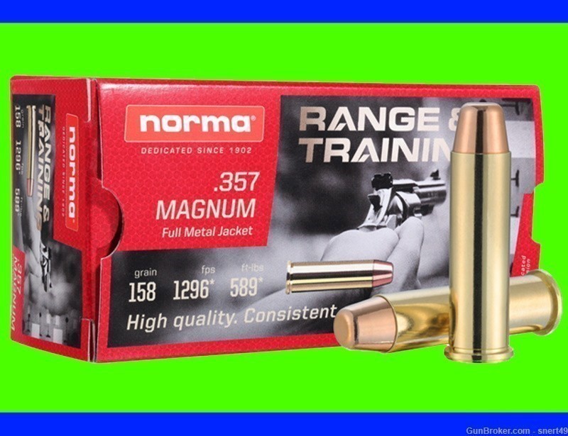 Norma 357 Magnum 158 gr FMJ Range & Training Brass Case 50 Round Box FRESH -img-0