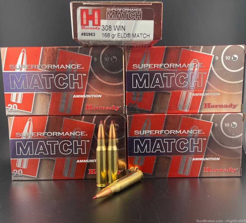 308 Win/7.62 Hornady 168gr Eld Match 5 Boxes 100 Rds Total-img-1