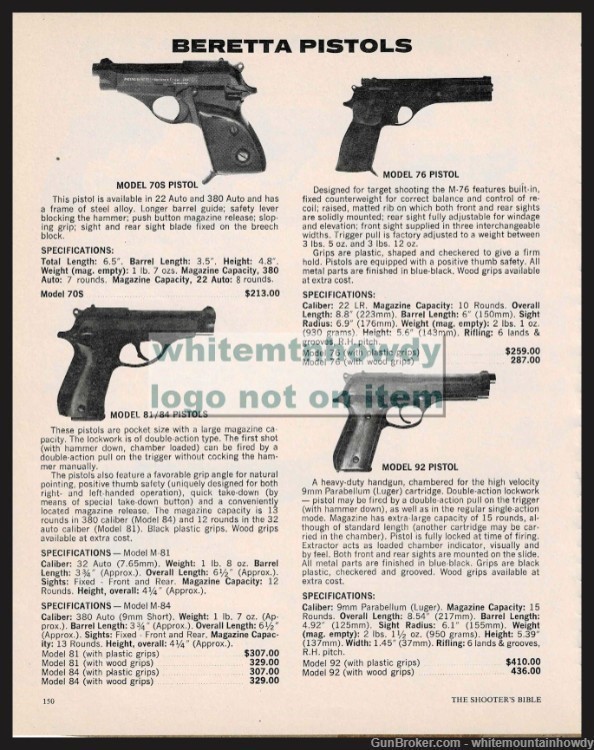 1980 BERETTA 705, 76, 81/84 and 92 Pistol Original AD prices/specs-img-0