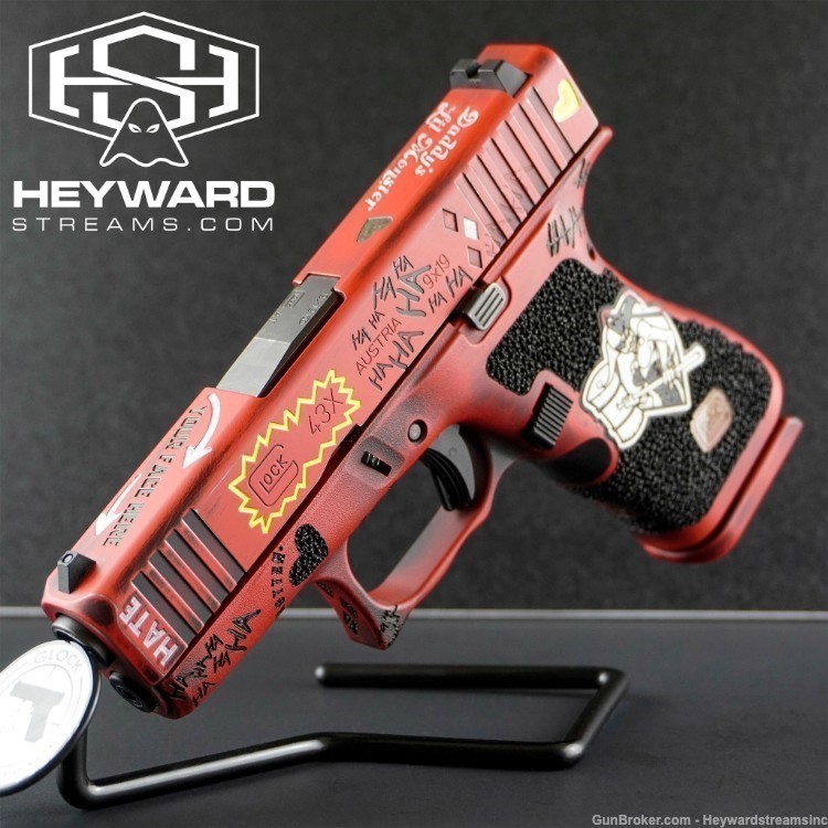 Factory OEM Glock 43x, Harley Quinn Custom, Red Battleworn Stippled, 9mm-img-0