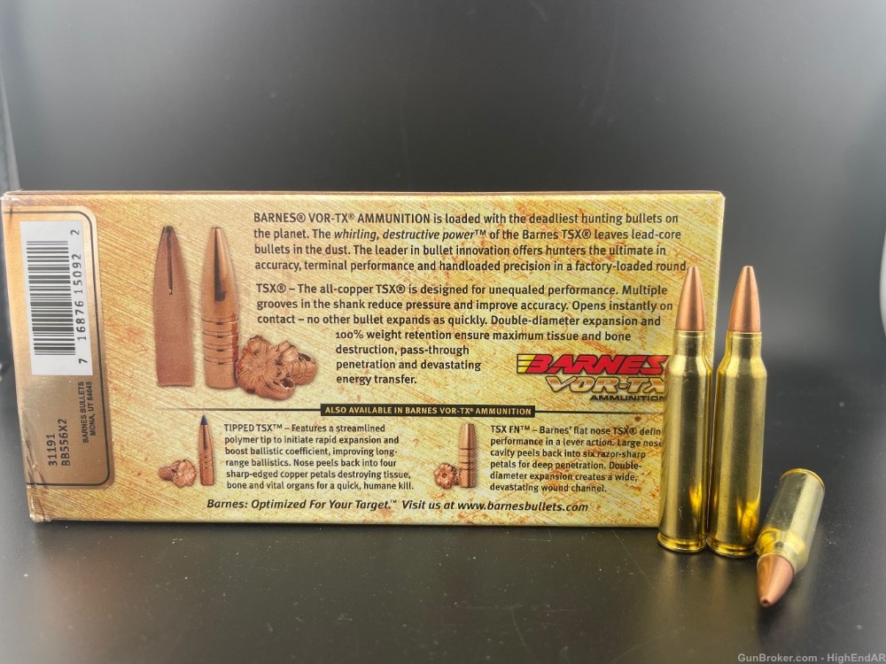5.56/223 Rem Barnes 70gr TSX BT (1-20rd Box) Solid Copper Hollow Point-img-2