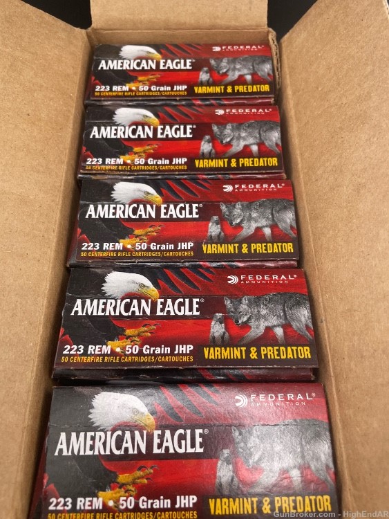 223 Rem/5.56x45mm Federal American Eagle 50gr Jacketed Hollow Point 250 rds-img-0