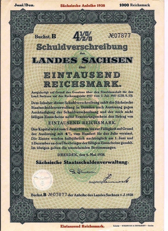 Germany, Land of Saxony 1000 RM bond 1938 with swastika-img-0