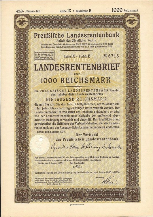 Germany, Prussian State Bank  1000 Reichsmarks bond  1937 with swastika-img-0