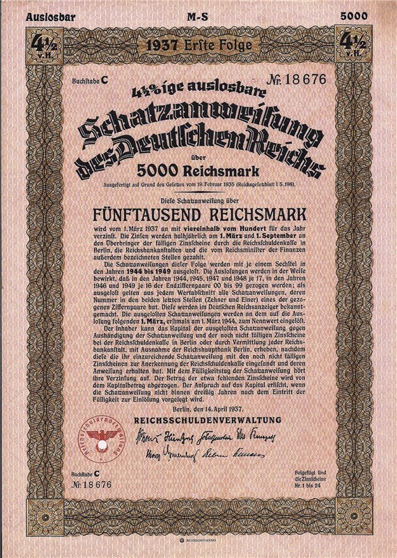 German Treasury Loan 5000 RM 1937 with swastika-img-0