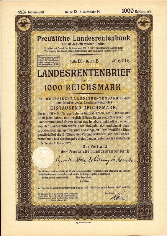 German Pension Fund, 1000 Reichsmarks bond with swastika-img-0