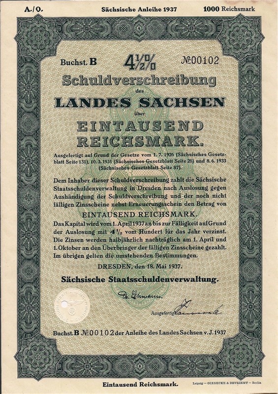  German Land of Saxony loan, 1000 Reichsmarks bond 1937 swastika-img-0