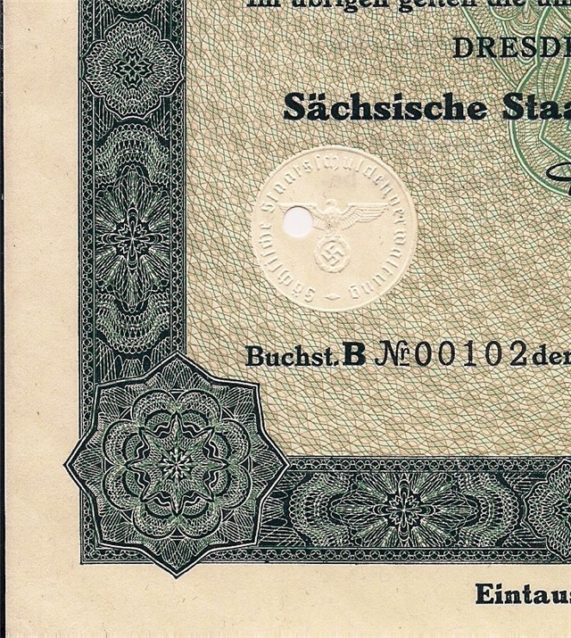  German Land of Saxony loan, 1000 Reichsmarks bond 1937 swastika-img-1