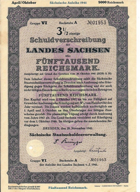  Germany, Land of Saxony Mortgage. 5000 Reichsmarks bond 1941 with swastika-img-0