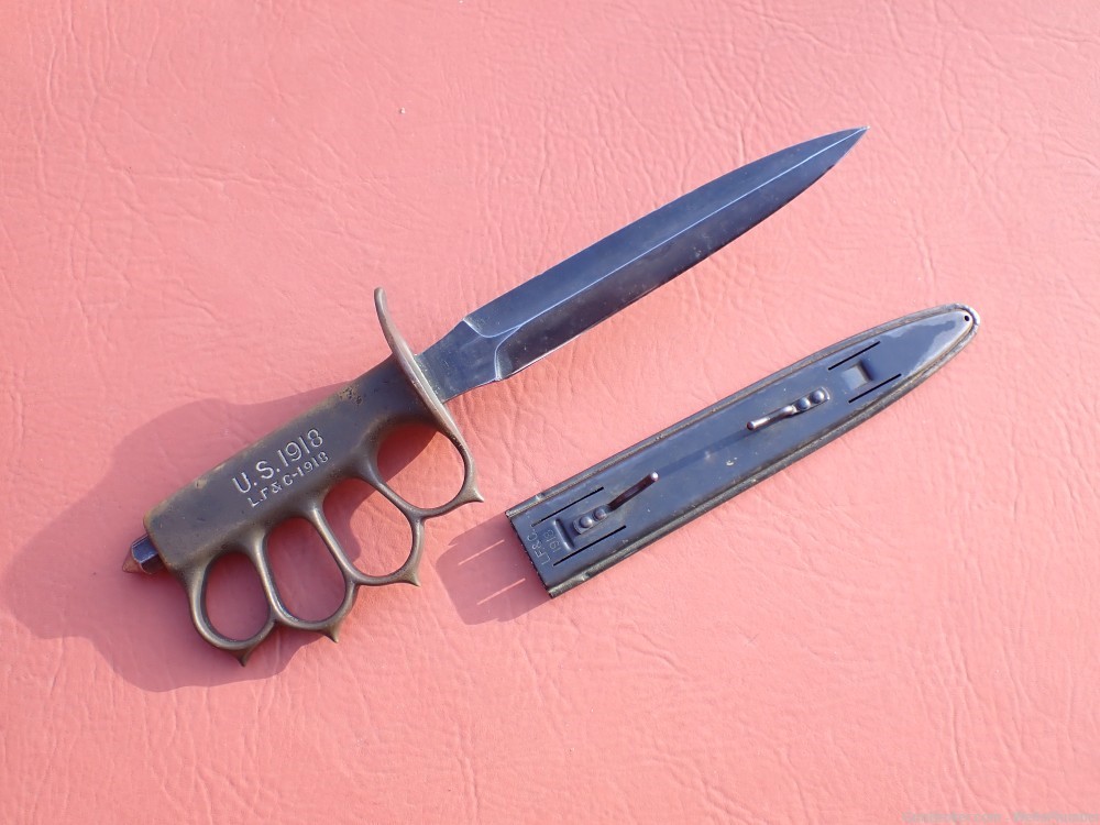 WWI US 1918 LF&C TRENCH KNUCKLE KNIFE WITH ORIGINAL LF&C 1918 SCABBARD MK I-img-0