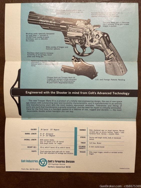 Original Colt Trooper Mark III Revolver 3, 357, 22 Flier Advertising Ad-img-3
