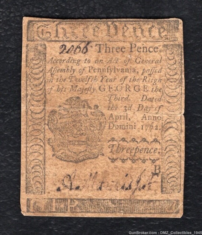 US Revolutionary War Era 1772 Pennsylvania Colonial Currency Note-img-0