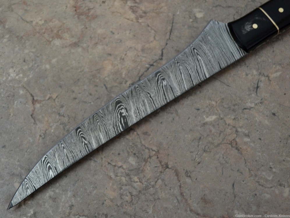 Custom Made Damascus Steel Hunting Fish Knife with Bull Horn Handle(SK 115)-img-6