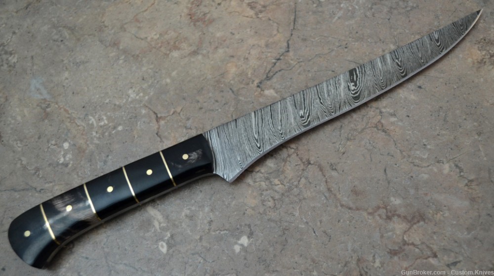 Custom Made Damascus Steel Hunting Fish Knife with Bull Horn Handle(SK 115)-img-4