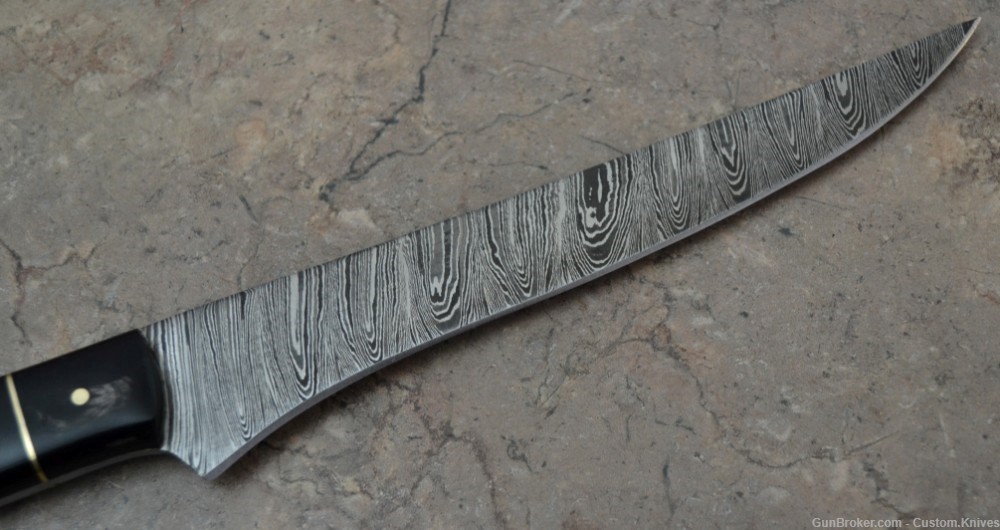Custom Made Damascus Steel Hunting Fish Knife with Bull Horn Handle(SK 115)-img-5