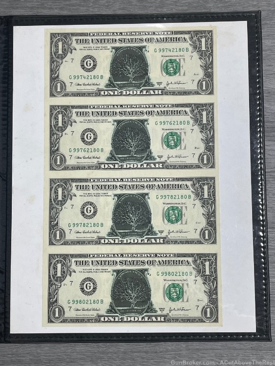 Uncut $1 Bills Sheet of 4 with Charter Oak Covers CT-img-0