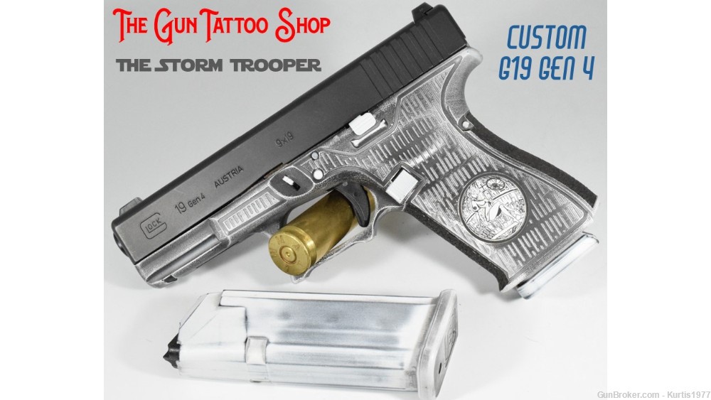 Custom Storm Trooper Glock 19 Gen 4 Laser Engraved and Cerakote Pin Up Girl-img-0