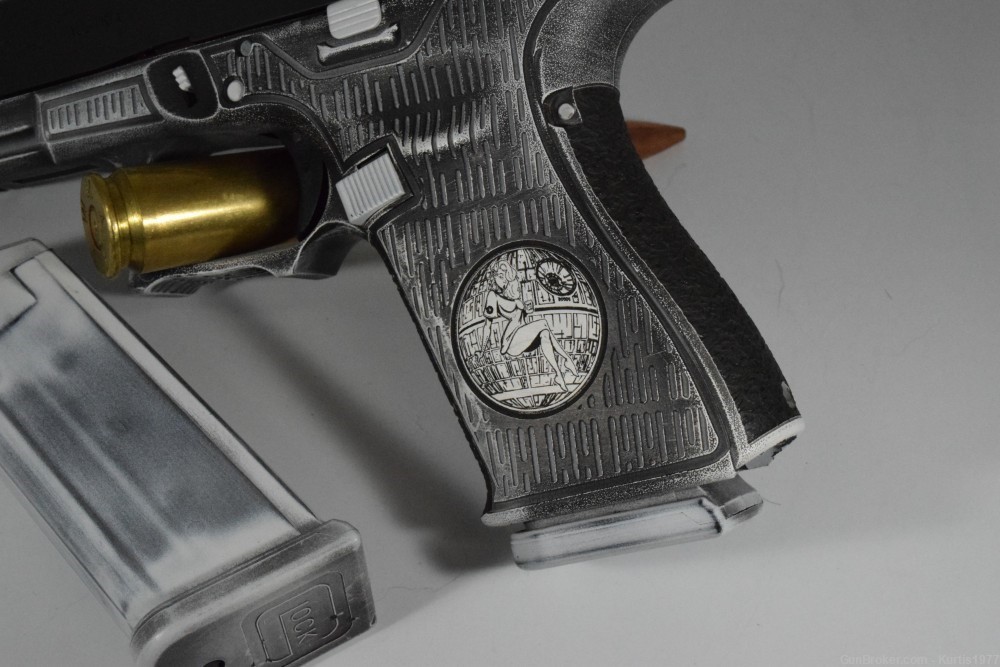 Custom Storm Trooper Glock 19 Gen 4 Laser Engraved and Cerakote Pin Up Girl-img-8