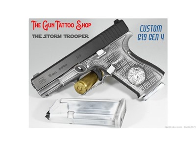Custom Storm Trooper Glock 19 Gen 4 Laser Engraved and Cerakote Pin Up Girl
