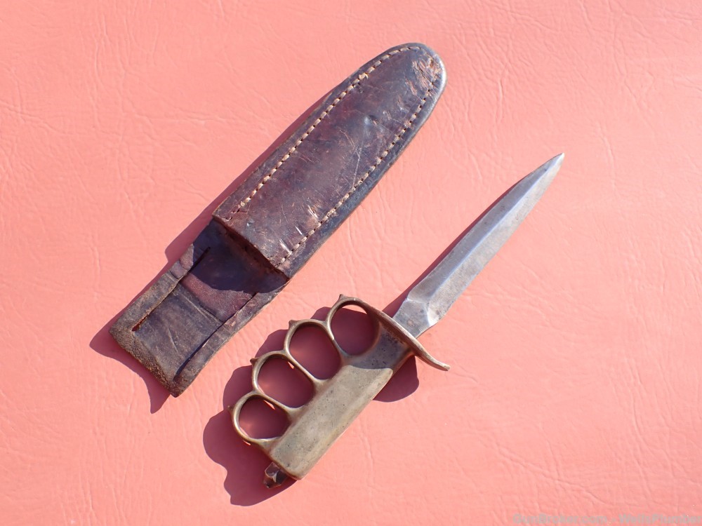US WWI WWII 1918 LF&C KNCUKLE KNIFE TRENCH KNIFE WITH LEATHER SCABBARD-img-8