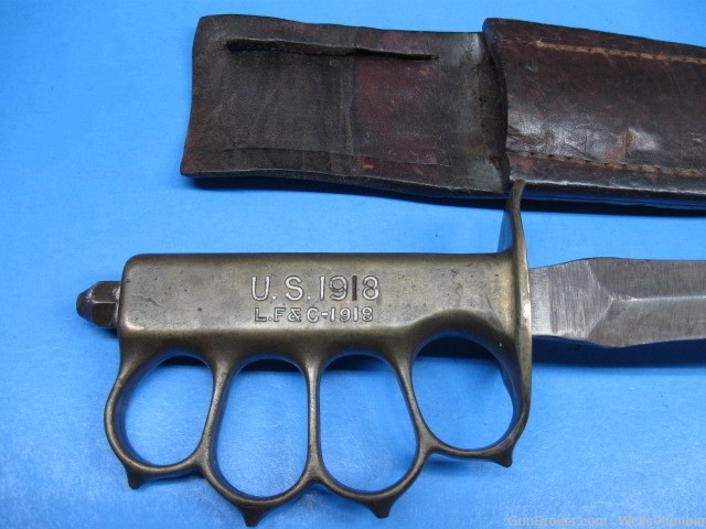 US WWI WWII 1918 LF&C KNCUKLE KNIFE TRENCH KNIFE WITH LEATHER SCABBARD-img-2