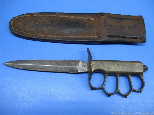 US WWI WWII 1918 LF&C KNCUKLE KNIFE TRENCH KNIFE WITH LEATHER SCABBARD-img-1