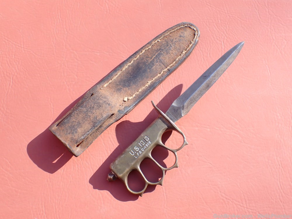 US WWI WWII 1918 LF&C KNCUKLE KNIFE TRENCH KNIFE WITH LEATHER SCABBARD-img-9
