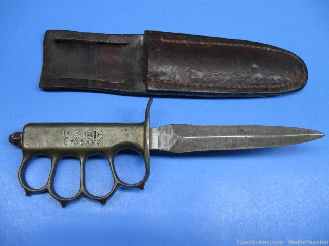 US WWI WWII 1918 LF&C KNCUKLE KNIFE TRENCH KNIFE WITH LEATHER SCABBARD-img-0
