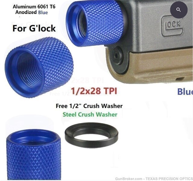 Glock 9mm 1/2X28 Thread Protector, Aluminum 6061 T6 Blue with Steel Washer-img-1