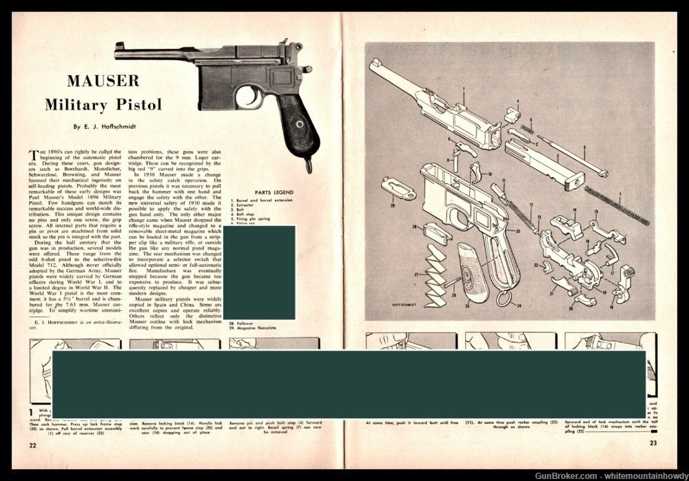 1959 MAUSER Military Pistol Schematic Parts List 2-page Assembly Articl-img-0