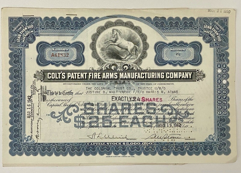 Colt’s Patent Fire Arms Blue Stock Certificates Dated 1931-1944-img-0