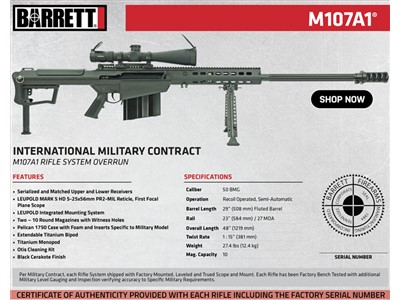 Barrett M107A1 .50 BMG 20 1:15 Bbl Black Rifle w/Steel Upper 18062-S For  Sale 
