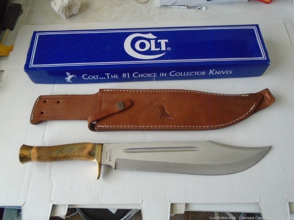NIB Giant! COLT CT848 Giant 17 1/4" Stag Handle Leather Sheath Bowie Knife-img-0