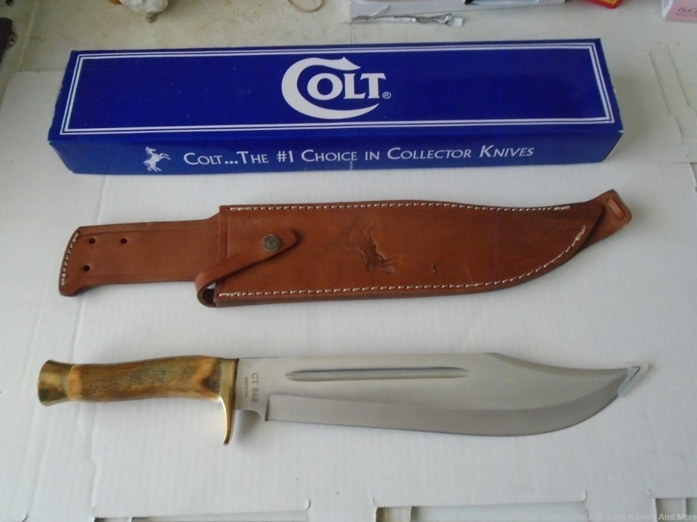 NIB Giant! COLT CT848 Giant 17 1/4" Stag Handle Leather Sheath Bowie Knife-img-4