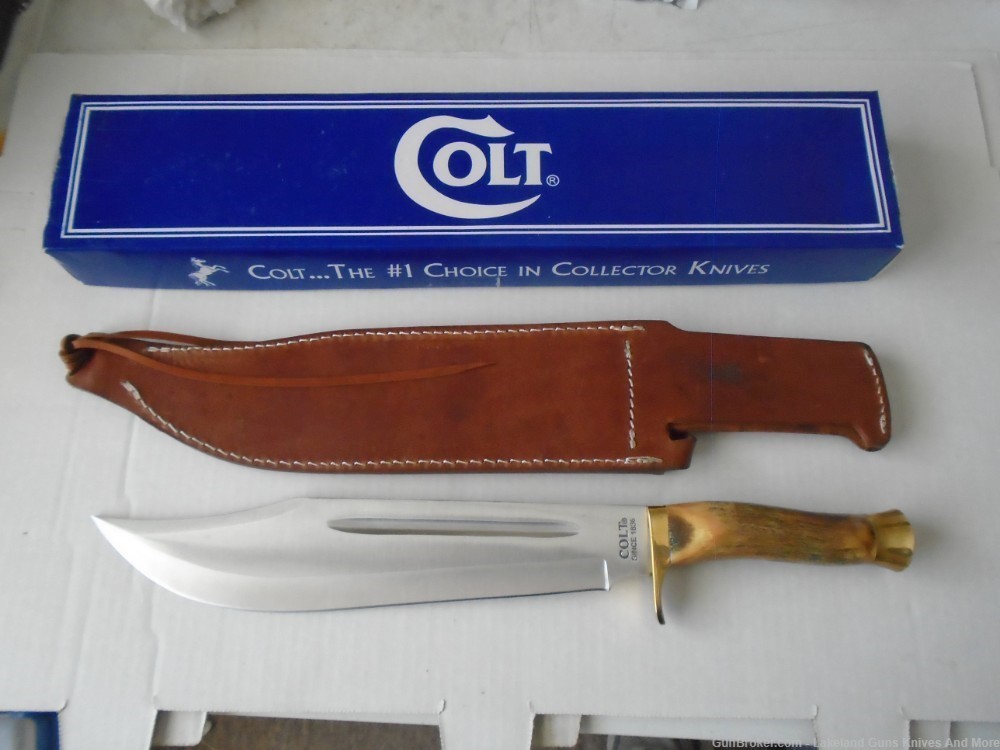 NIB Giant! COLT CT848 Giant 17 1/4" Stag Handle Leather Sheath Bowie Knife-img-3