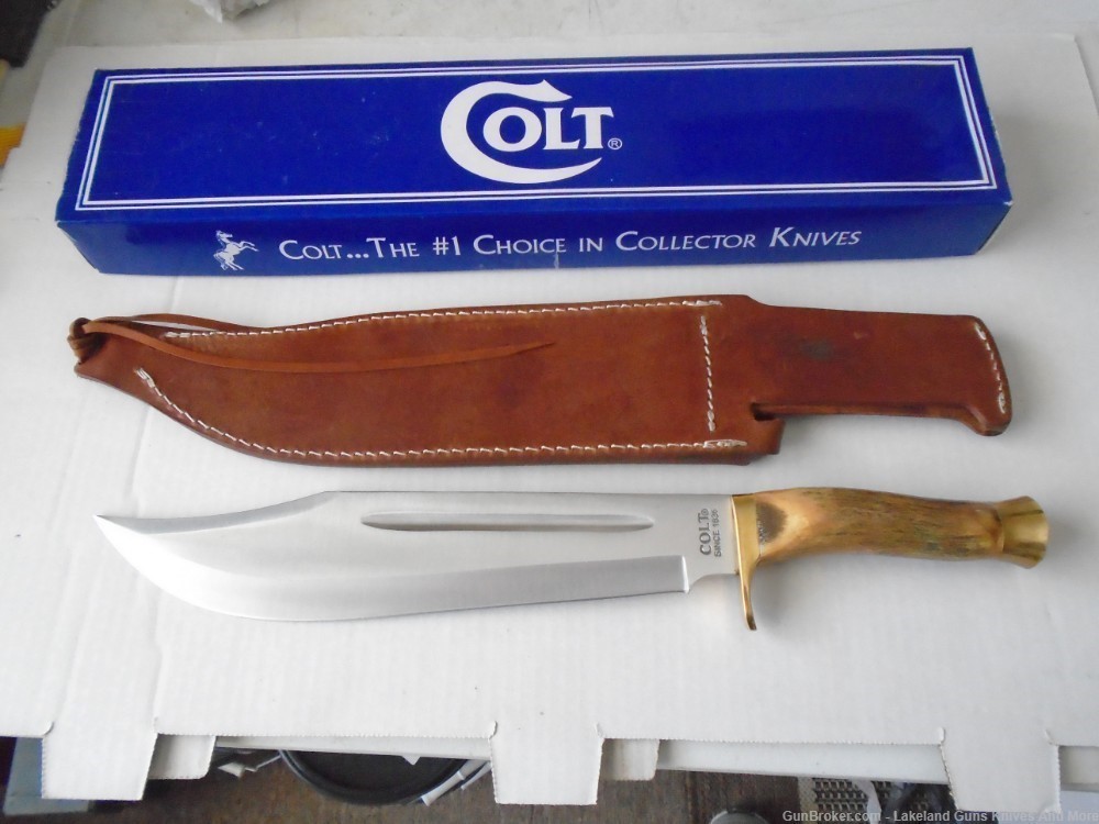 NIB Giant! COLT CT848 Giant 17 1/4" Stag Handle Leather Sheath Bowie Knife-img-1