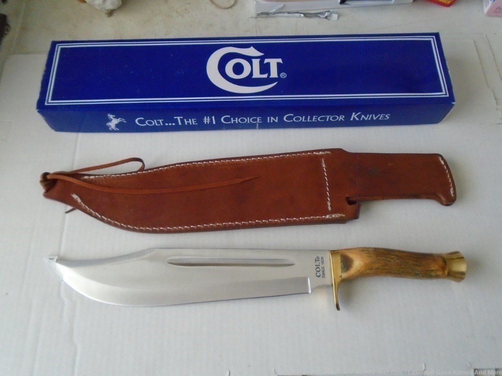 NIB Giant! COLT CT848 Giant 17 1/4" Stag Handle Leather Sheath Bowie Knife-img-5
