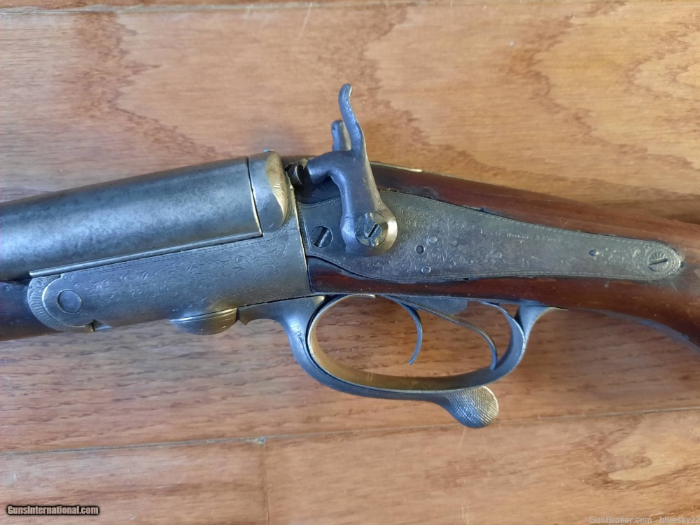 Isaac Hollis & Sons SxS Shotgun Early Antique engraved pinfire conversion -img-1
