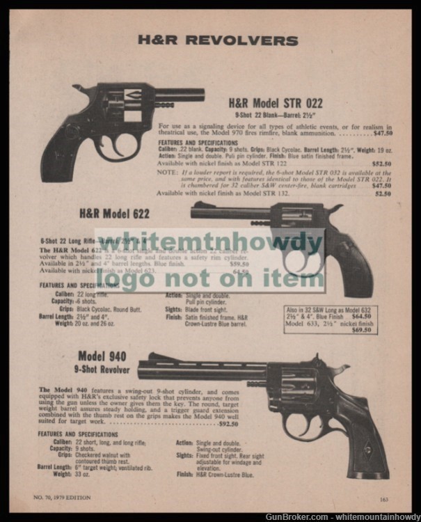 1979 HARRINGTON & RICHARDSON STR 022, 622, 940 Revolver Original PRINT AD-img-0