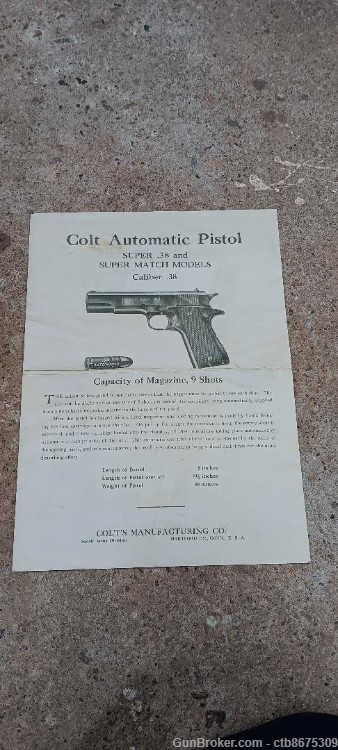 Colt 1911 Automatic Super .38 Specification Sheet Reproduction-img-0