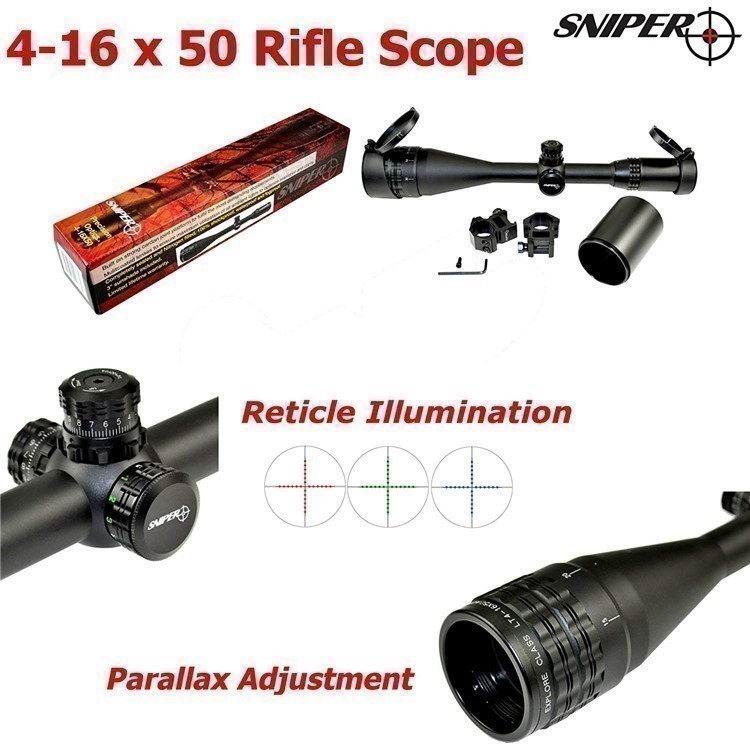 Sniper 4-16X50 Hunting Rifle Scope Tri-Color Illuminated Mil-Dot Reticle-img-0