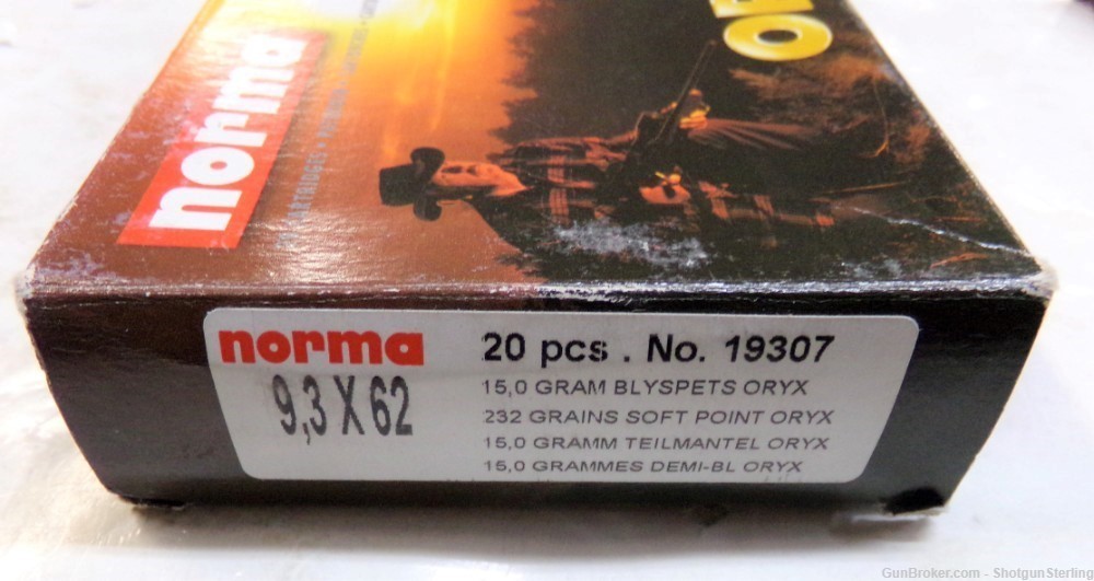 Norma 9.3x62mm ammo with 232 grain soft point Oryx bullets-img-0