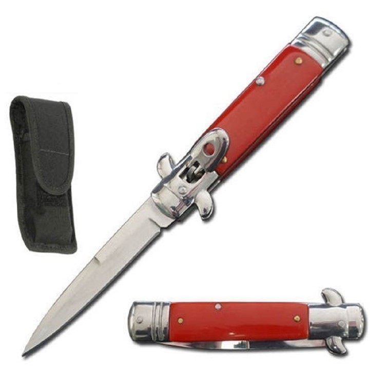 Leverlock Switchblade Stiletto Knife - Red Handle-img-0