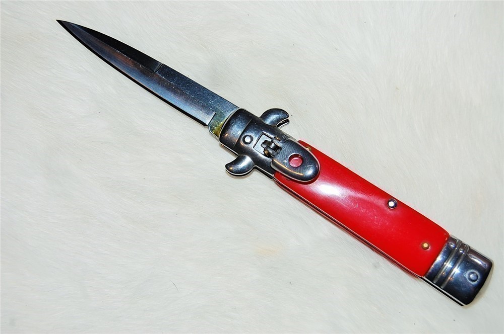 Leverlock Switchblade Stiletto Knife - Red Handle-img-1