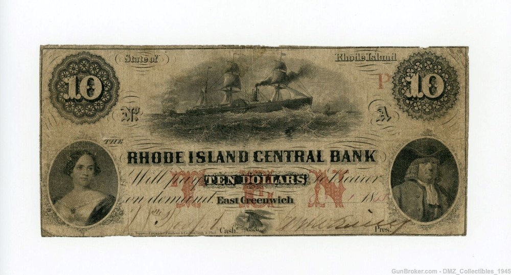 1855 $10 Rhode Island Bank Note Money Currency-img-0