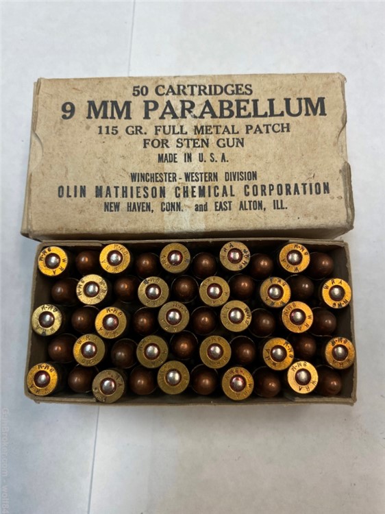 Winchester -WESTERN 9 MM Parabellum Machine Gun ammo w/ STEN Call out NOS -img-0