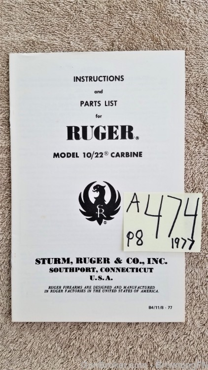 Orig Ruger Model 10/22 Carbine Owners Instruction Manual 1977-img-0