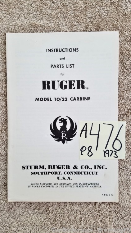 Orig Ruger Model 10/22 Carbine Owners Instruction Manual 1973-img-0
