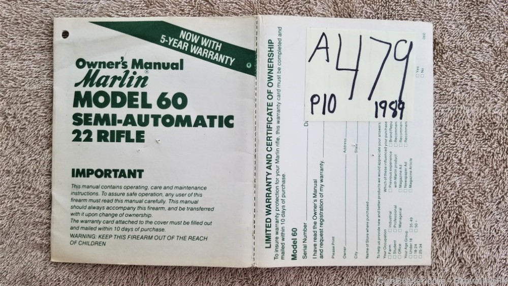 Orig Marlin Model 60 Owners Instruction Manual 1989-img-0