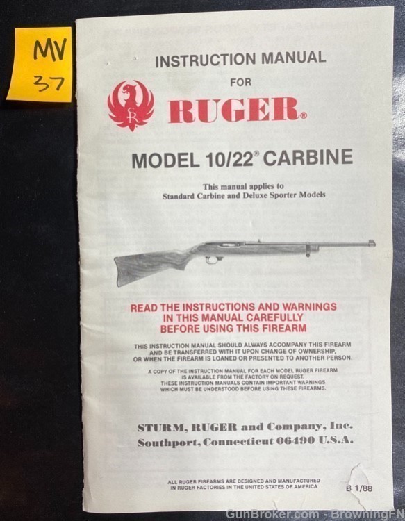 Orig. 1988 Ruger 10/22 Carbine Owners Instruction Manual-img-0